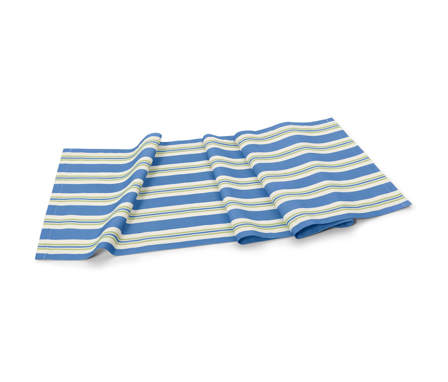 Csíkos pamut asztali futó kék, krém és zöld színben.