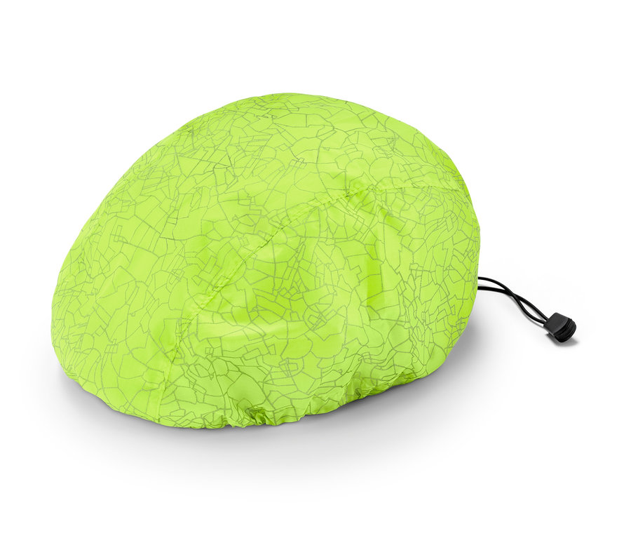 Neonzöld bukósisak védőhuzat szürke, geometrikus mintával és húzózsinórral.