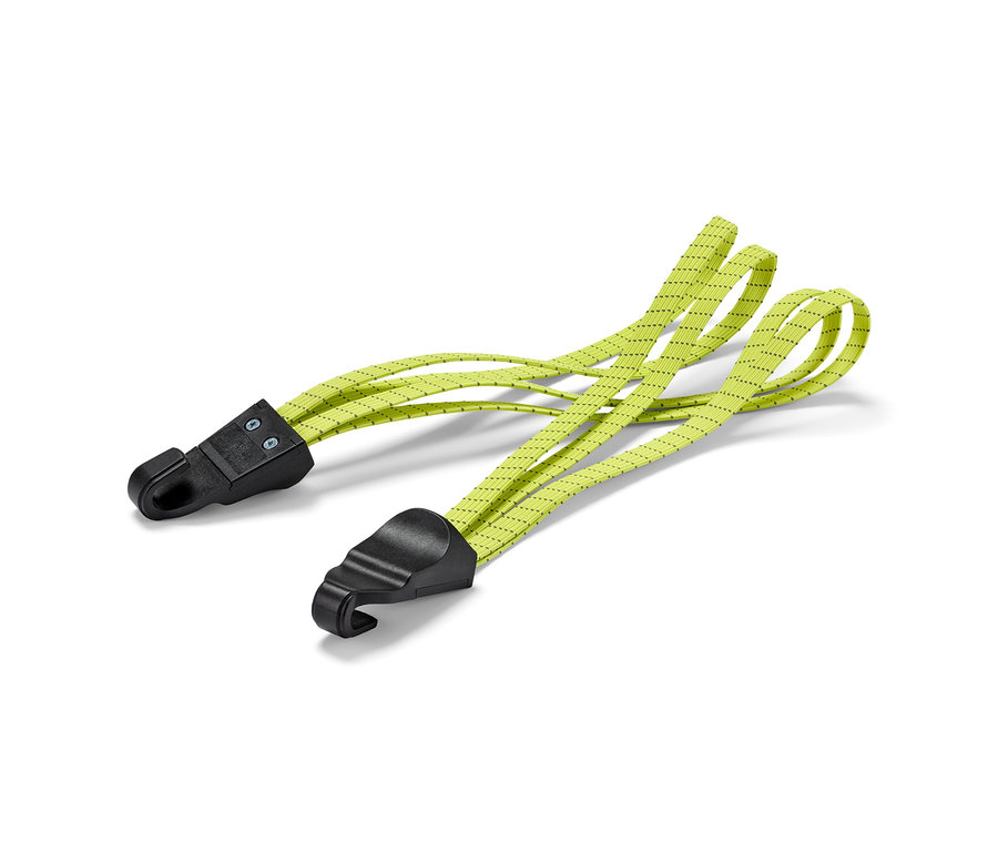 Két sárga kerékpáros rögzítőpánt fekete kampókkal a végükön.