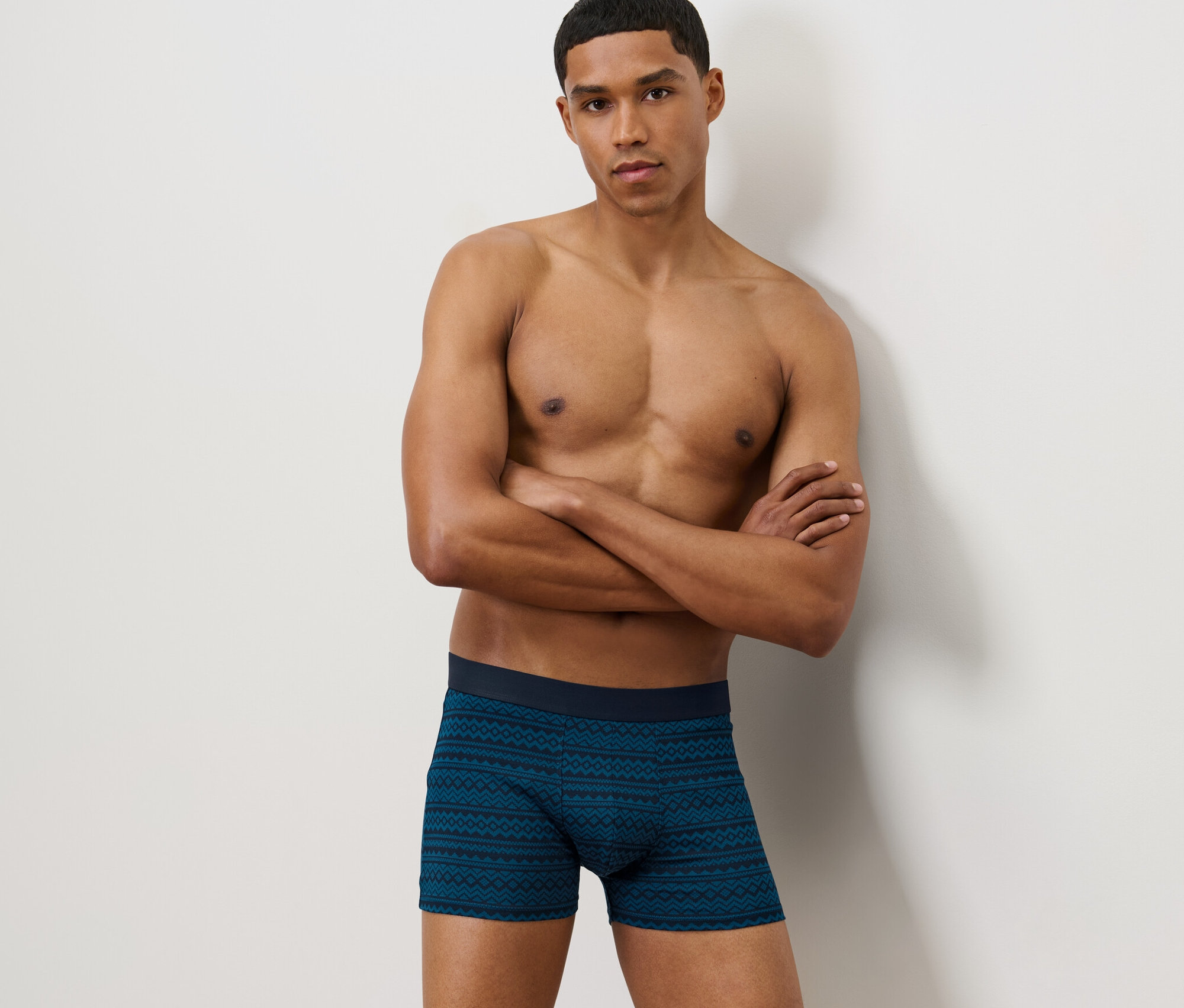 Férfi pózol karba tett kézzel, és 2 boxeralsót visel, norvégmintás.