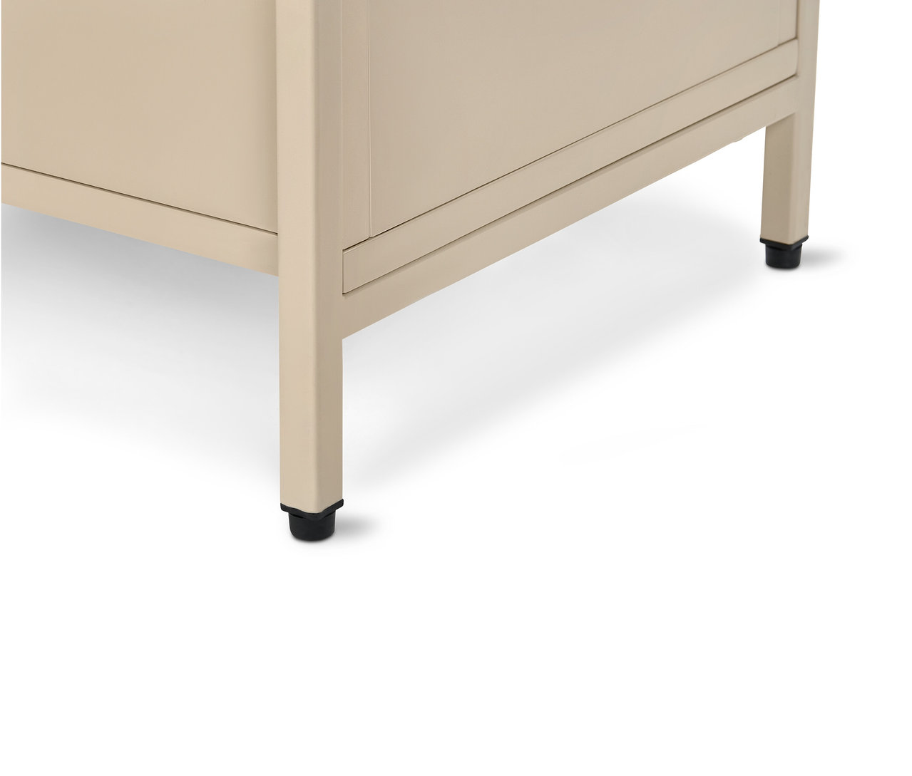 Egy bézs konzol szekrény sarka fekete lábakkal.
