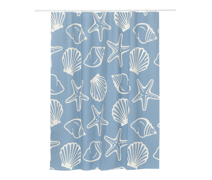 Világoskék zuhanyfüggöny fehér kagyló- és tengericsillag mintával.