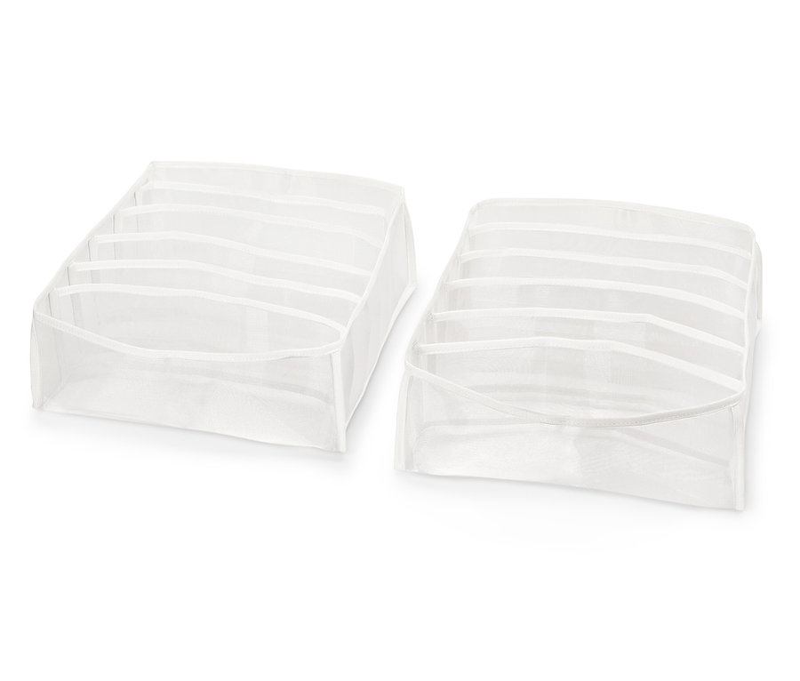 Két fehér fiókos szervező rekeszekkel fehér háttéren.