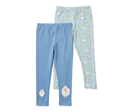 Két kék gyerek leggings. Az egyik kék, bárány mintával, a másik világoskék, bárányokkal, csirkékkel és nyuszikkal.
