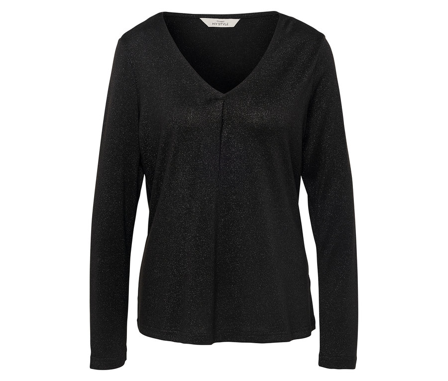 Fekete, hosszú ujjú, V-nyakú blúz.
