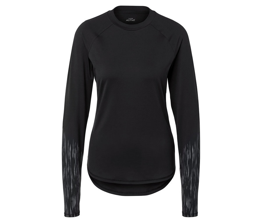 Fekete, hosszú ujjú póló mintás ujjal.