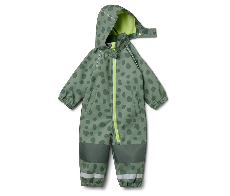 Zöld, kapucnis overall sötétzöld pöttyökkel, sárga cipzárral és világoszöld kapucni belsővel.