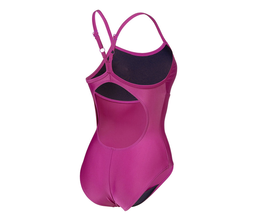 Közeli kép hátulról az arena Feel márkájú Solid Lightdrop Back Bustier női fürdőruháról, BÍBOR-BORVÖRÖS.