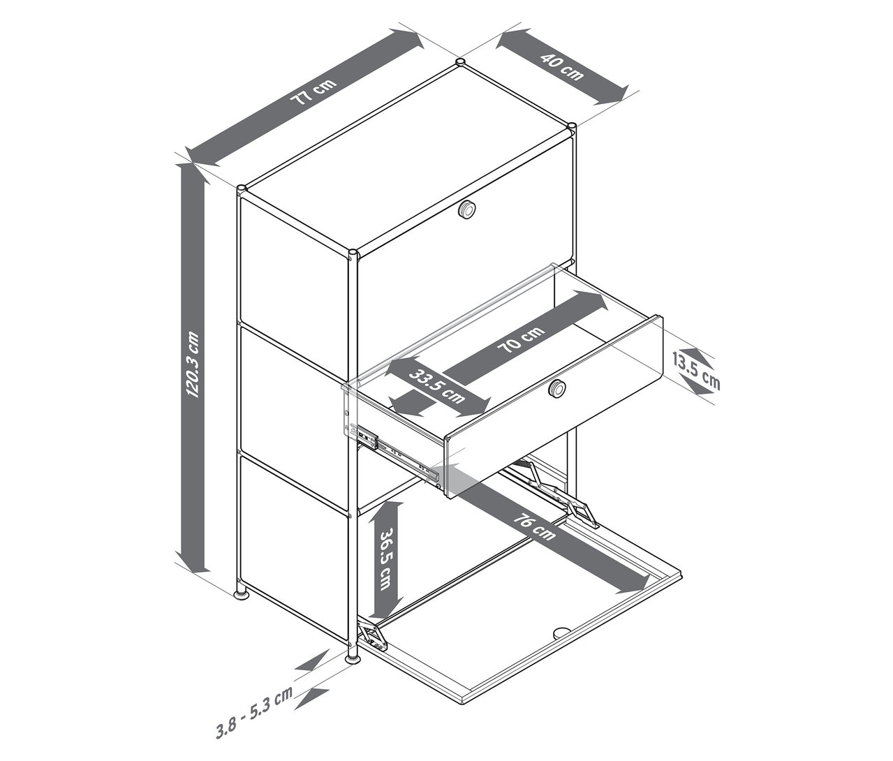 Termékillusztráció egy fehér szekrényről fiókkal és ajtóval, a méretek be vannak jelölve.