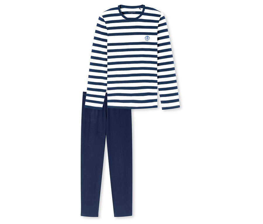 Egy SCHIESSER pizsama szett fekszik egy fehér háttéren, amely egy hosszú ujjú, fehér és kék csíkos felsőből és egy tengerészkék nadrágból áll.