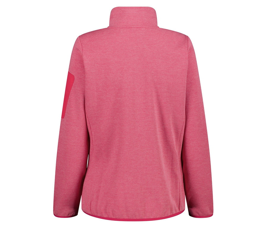 Hátulnézet egy rózsaszín, magas nyakú, cipzáras polár pulóverről.