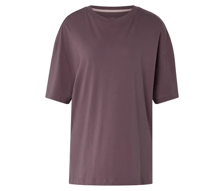 Mauve színű, rövid ujjú sportfelső kerek nyakkivágással és laza szabással.