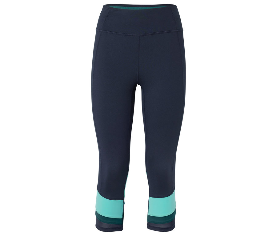 Tengerészkék, háromnegyedes leggings türkizkék blokkal a lábszár végén.