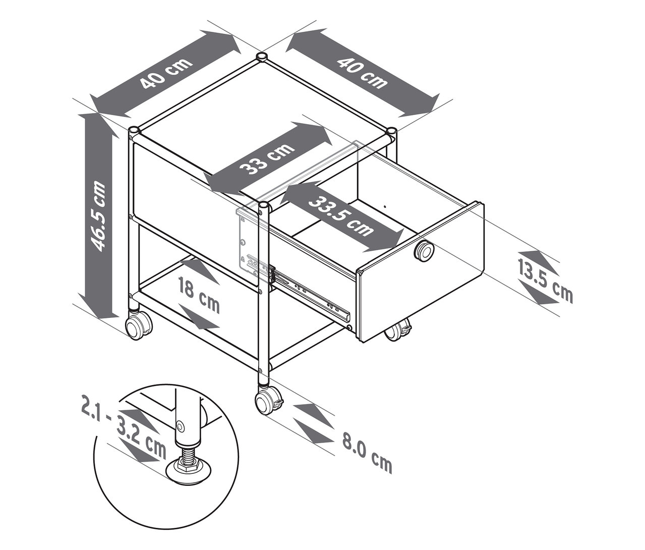 Felülnézet egy szürke és fekete színű, méretekkel ellátott »CN3« fém fiókos asztal sematikus rajzáról.