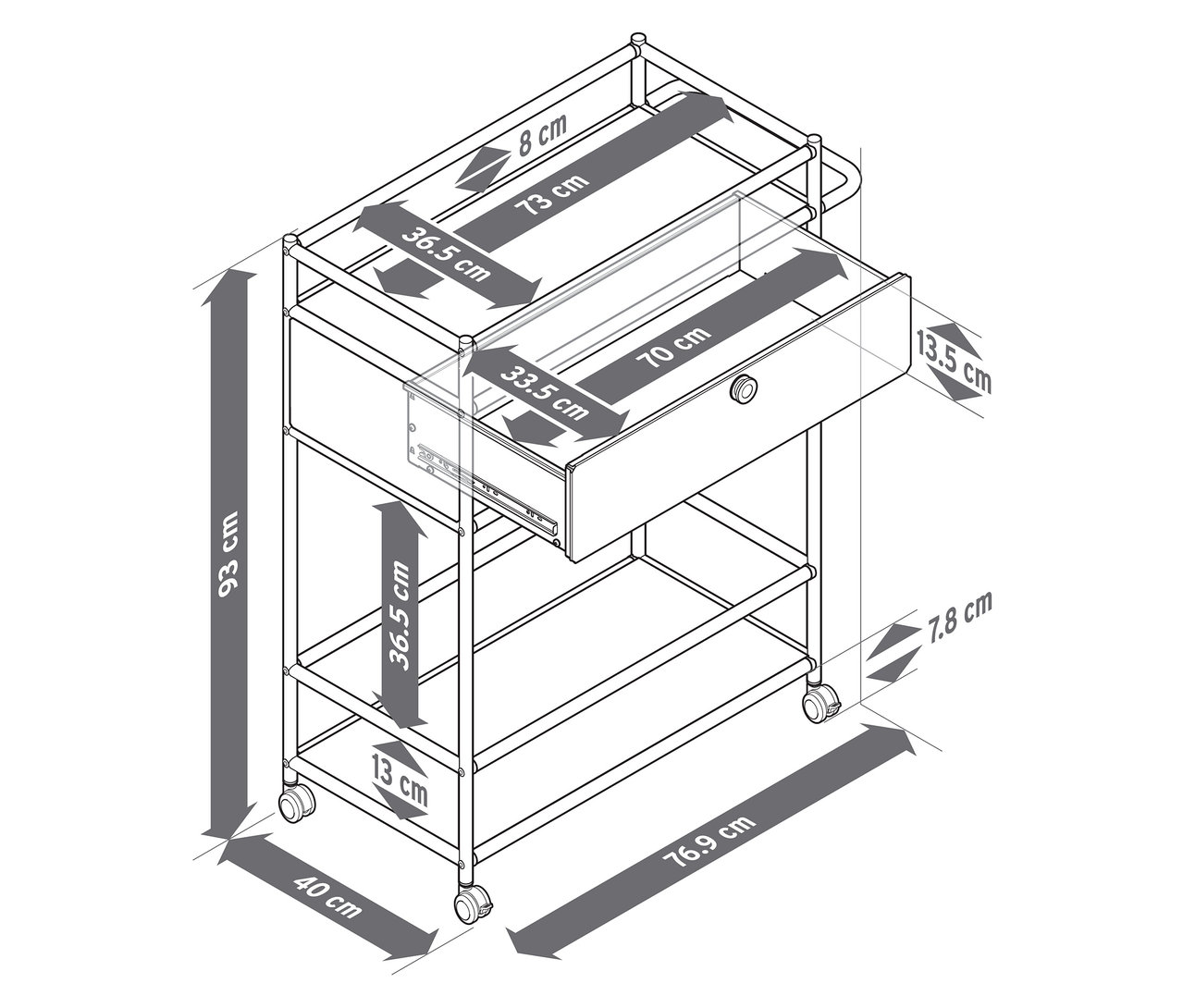 Felülnézet a »CN3« fém zsúrkocsiról fiókkal, méretekkel.