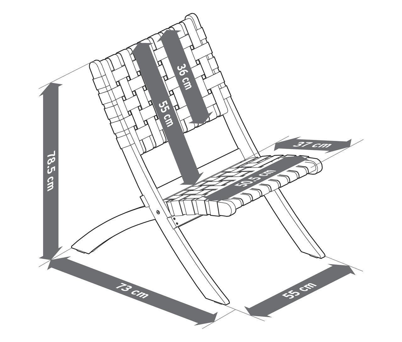 Felülnézet egy székképről szélességi és magassági méretekkel.