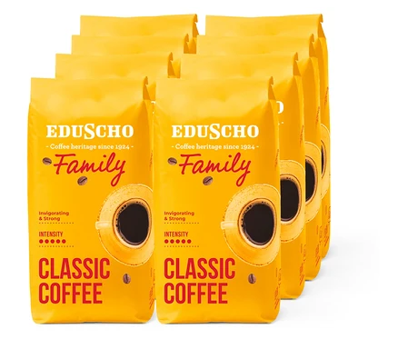 Hét sárga Eduscho Family Classic Coffee csomag sorakozik egymás mellett.