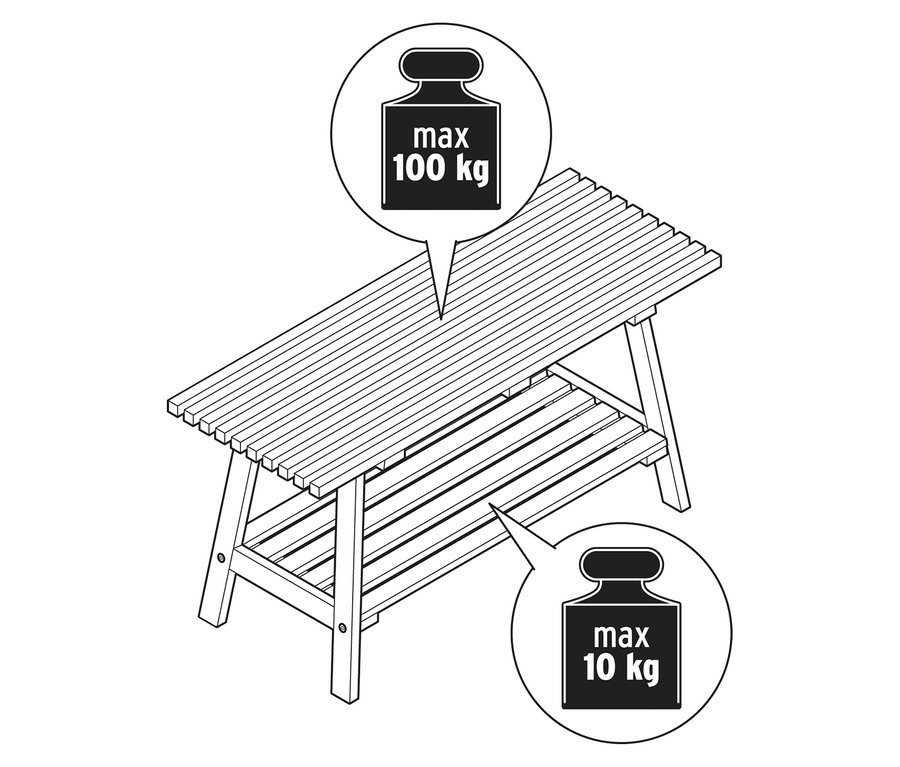 Ábra egy »HOLT« pad lábazattal, bambuszból, léc elemekkel. Maximális terhelhetőség felül 100 kg, alul 10 kg.