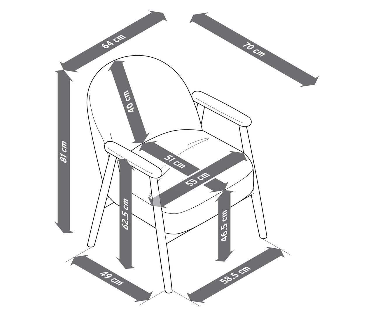 Egy fa karfával és vázzal rendelkező fotel méretei.