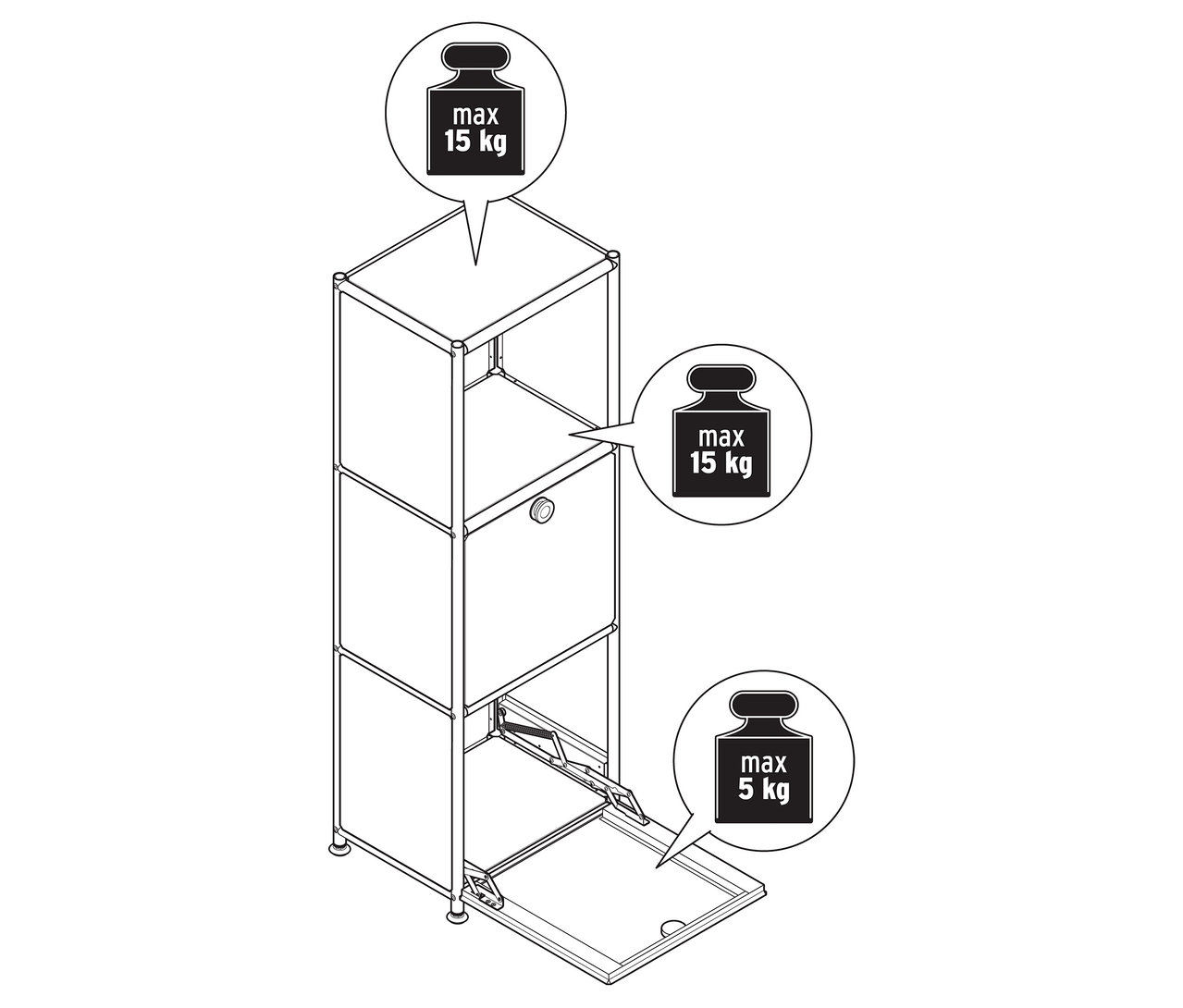 Felülnézet egy »CN3 Slim Line« fém komódról két lenyíló rekesszel, melyek közül az egyik nyitva van. A felső rekeszek megengedett maximális súlya 15 kg, az alsó rekesz esetében 5 kg.