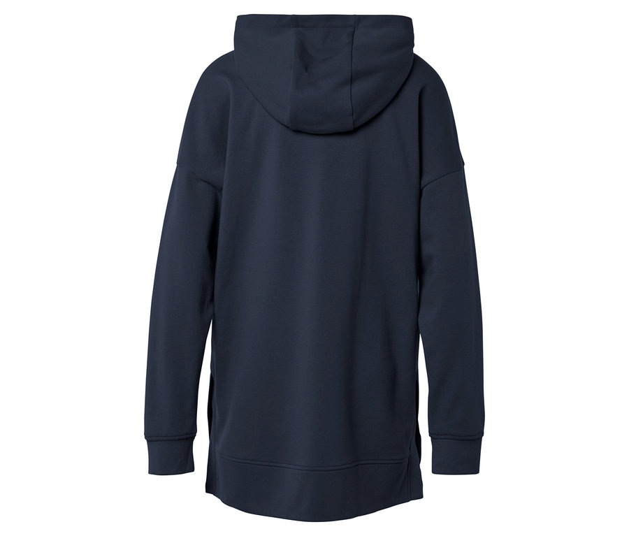 Hátulnézet egy sötétkék, hosszú ujjú, egyenes szegélyű kapucnis pulóverről.