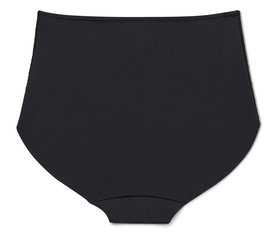 Fekete, magas derekú bikini alsó fekszik egy fehér háttéren.