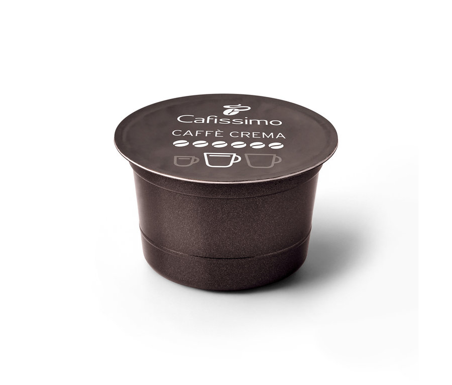 Sötétbarna Caffè Crema Intense kávékapszula fehér felirattal és intenzitásjelzővel a tetején.