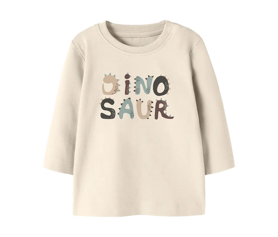 Krém színű, hosszú ujjú gyerek póló többszínű „DINOSAUR” felirattal.
