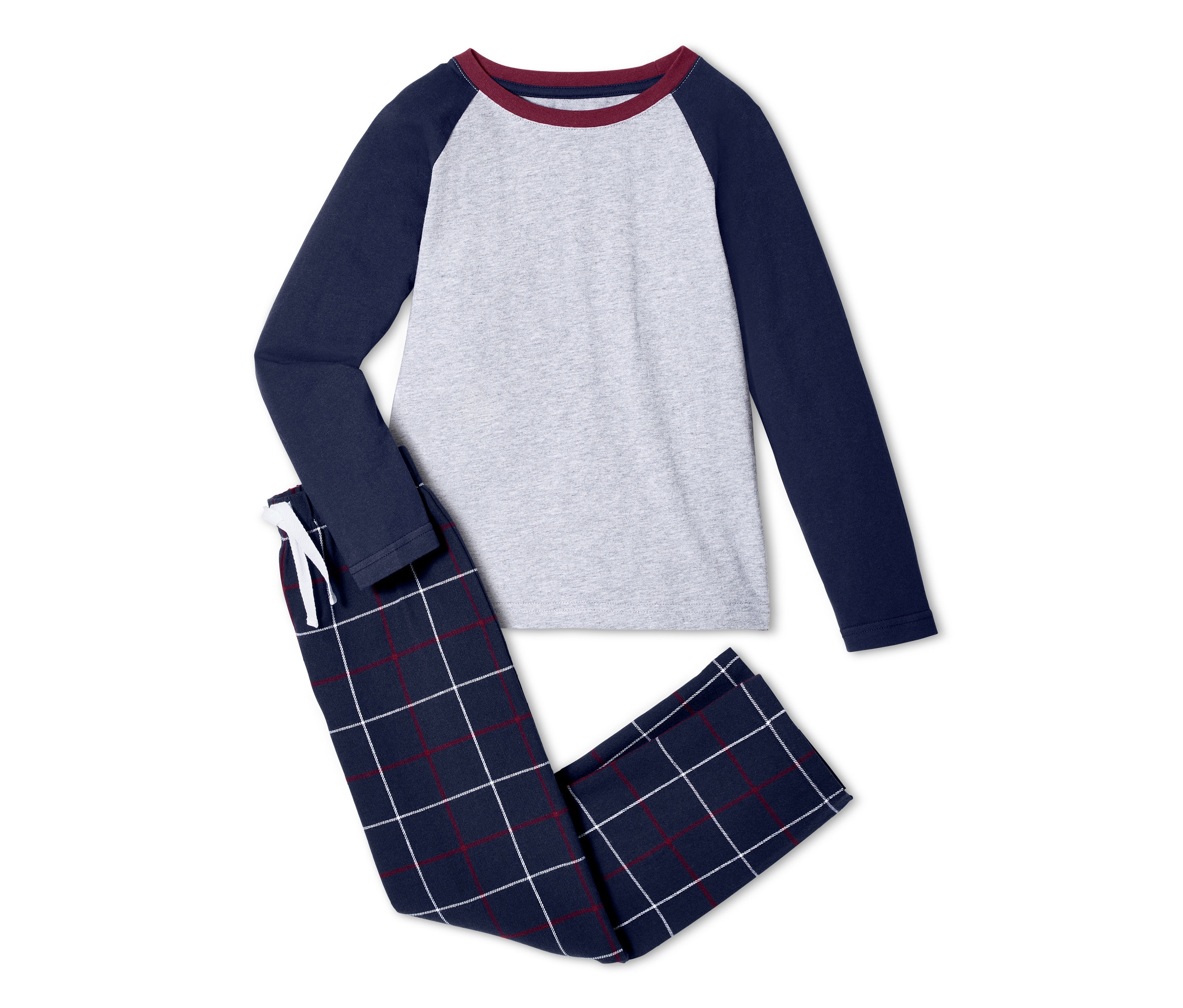 Szürke pizsama sötétkék ujjakkal és kockás nadrággal.