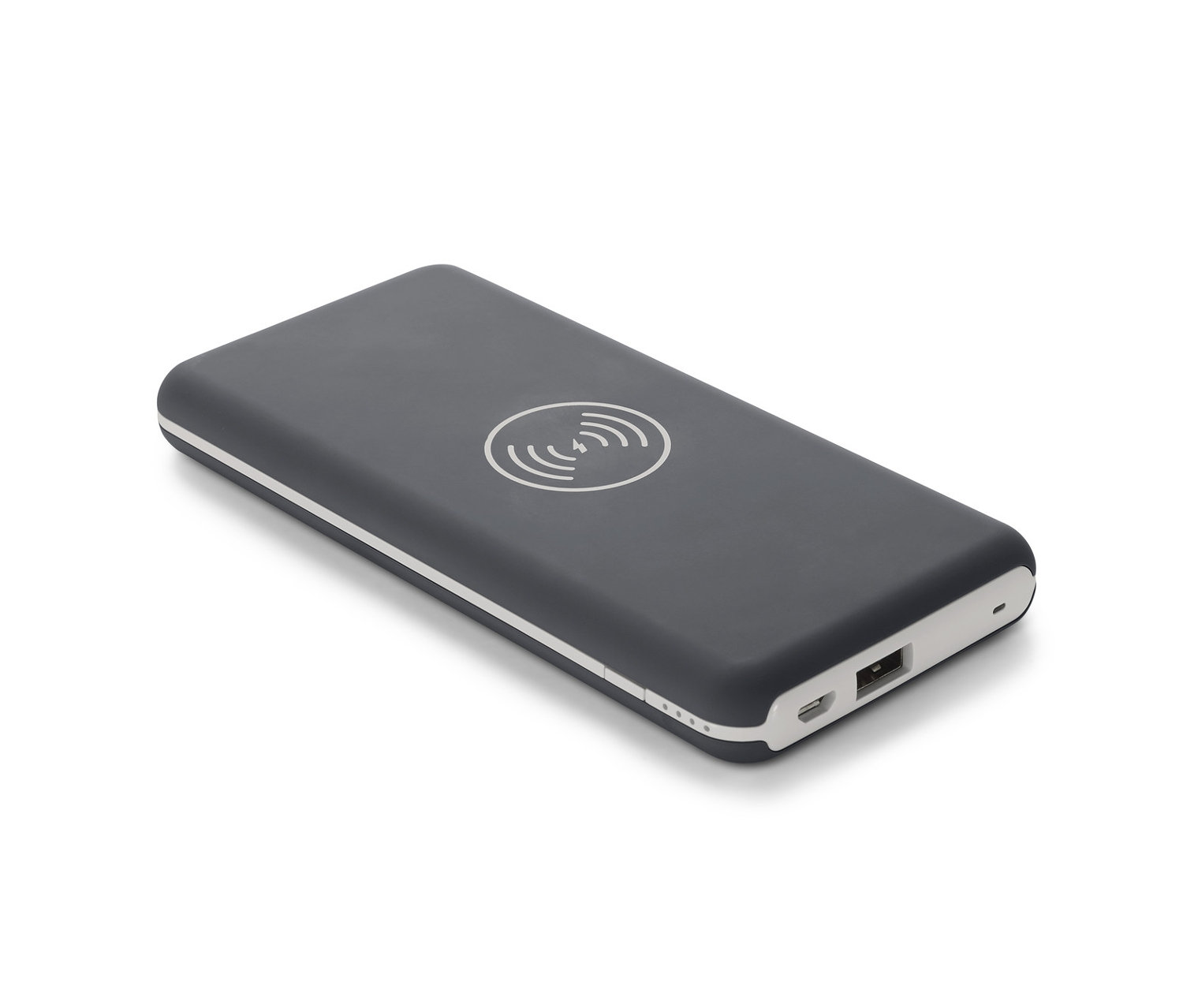 Szürke, vezeték nélküli powerbank gyorstöltőfunkcióval fehér háttérrel.
