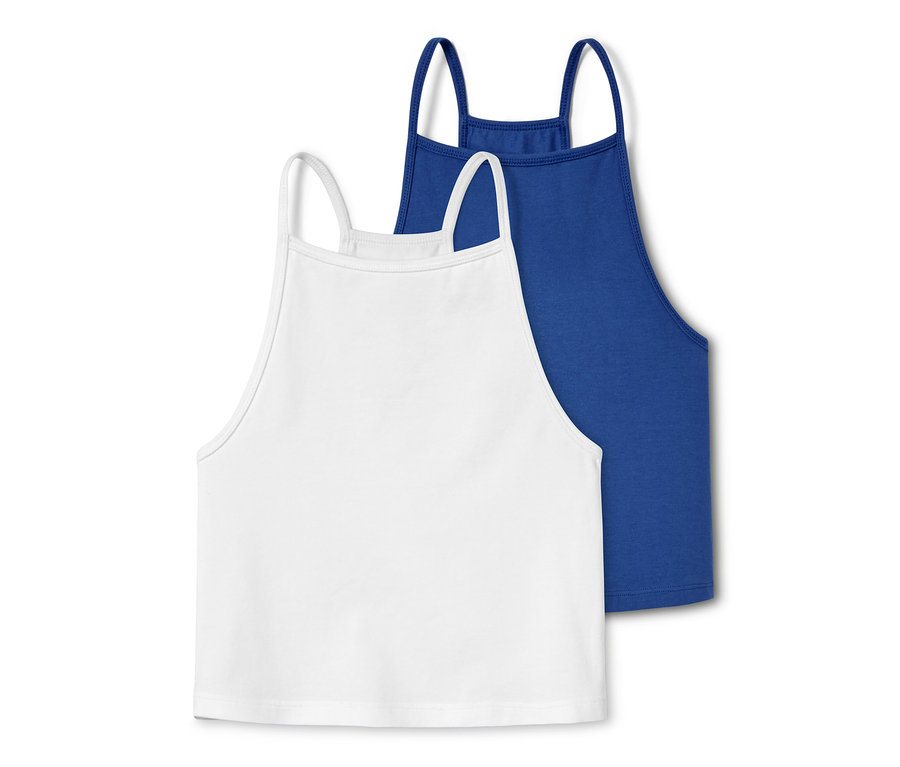 Két bio pamut top: egy fehér és egy kék.