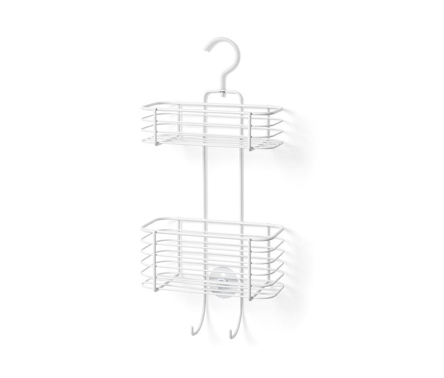 Zuhanykabinba akasztható polc két polccal és kampókkal.