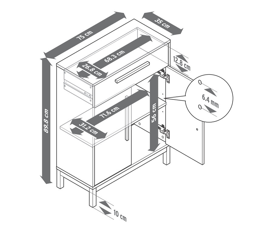 A diagram az Eklund fürdőszobai komód méreteit mutatja egy fiókkal és egy ajtóval.