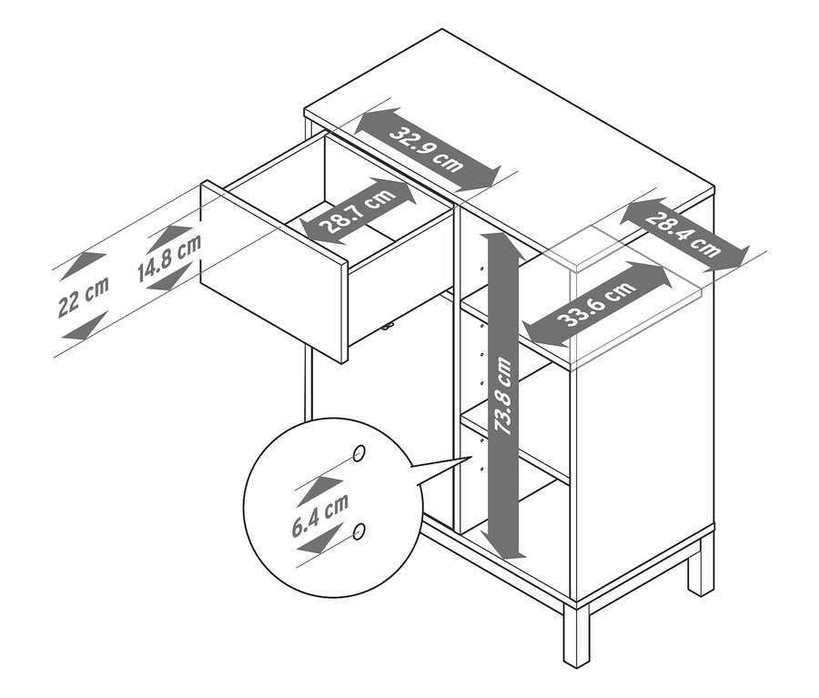 Egy fürdőszobai komód rajza méretekkel.