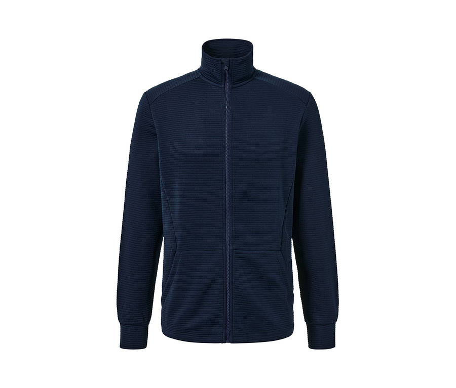 Sötétkék, cipzáras funkcionális felső.