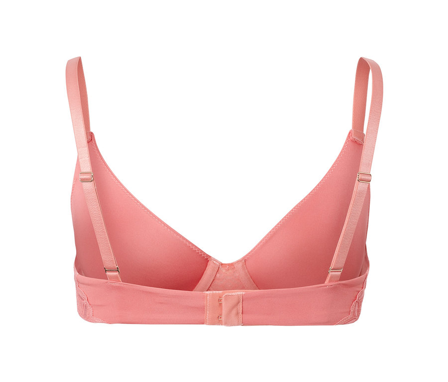 Hátulnézet egy korall színű, merevítős, csipkés női melltartóról.