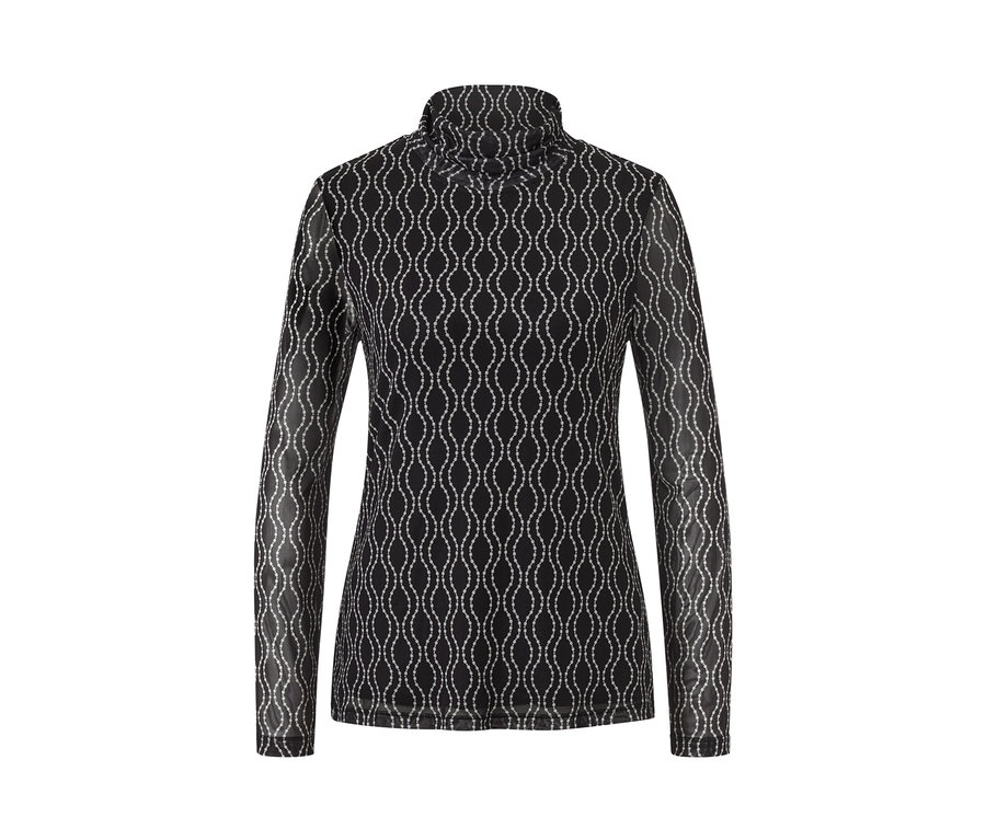 Fekete, mintás, garbónyakú mesh felső.