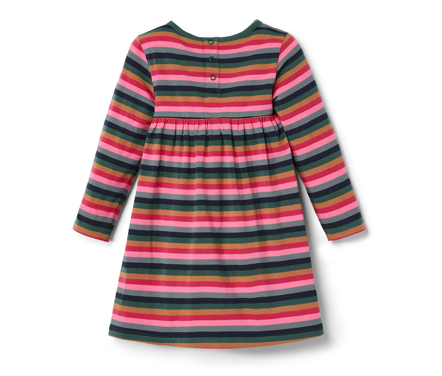 Csíkos kislány dzsörzéruha hosszú ujjal, hátul gombos zárással.