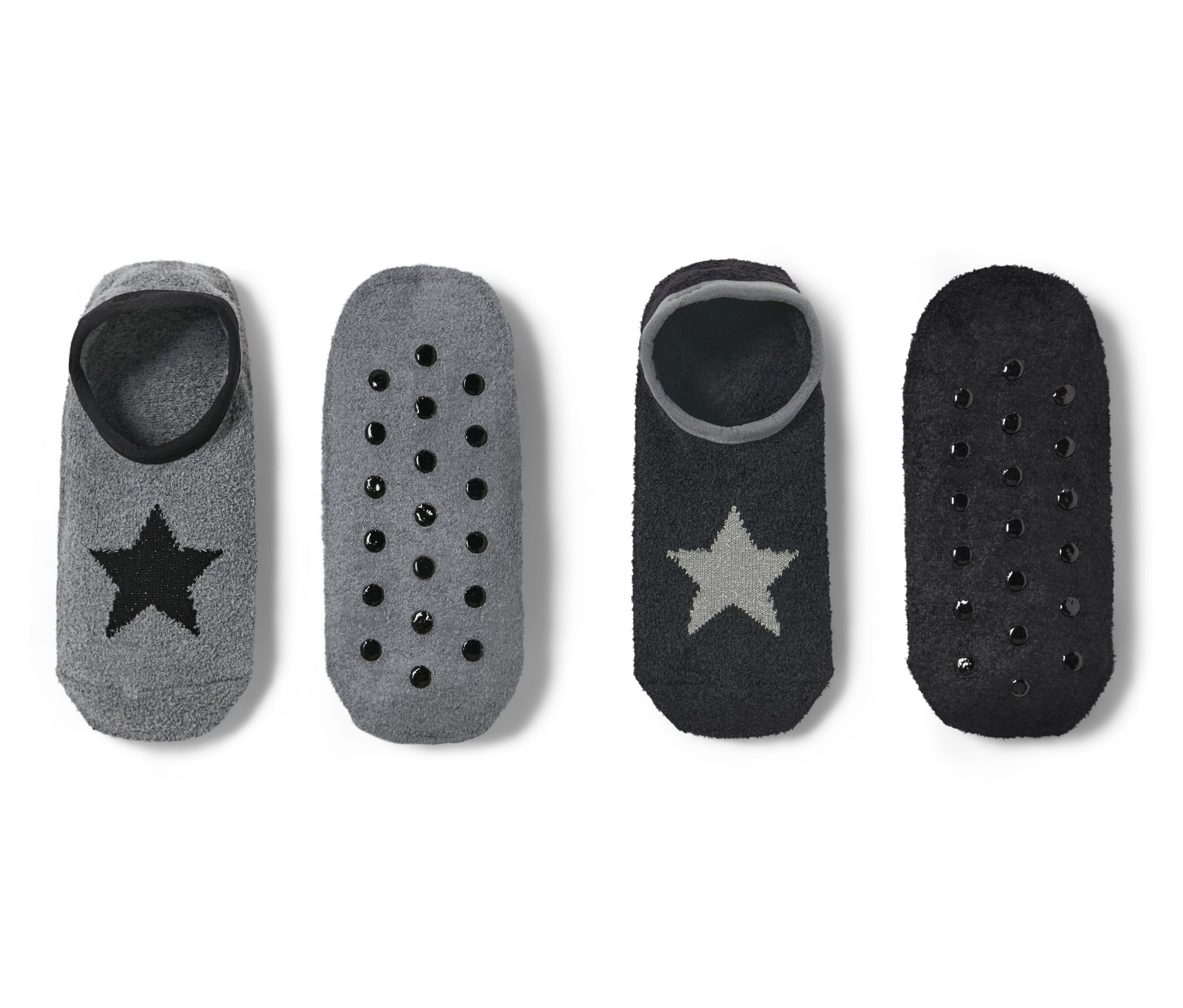 Két pár csillagos női házicipő zokni: szürke fekete csillaggal és csúszásgátló talppal, fekete ezüst csillaggal és csúszásgátló talppal.