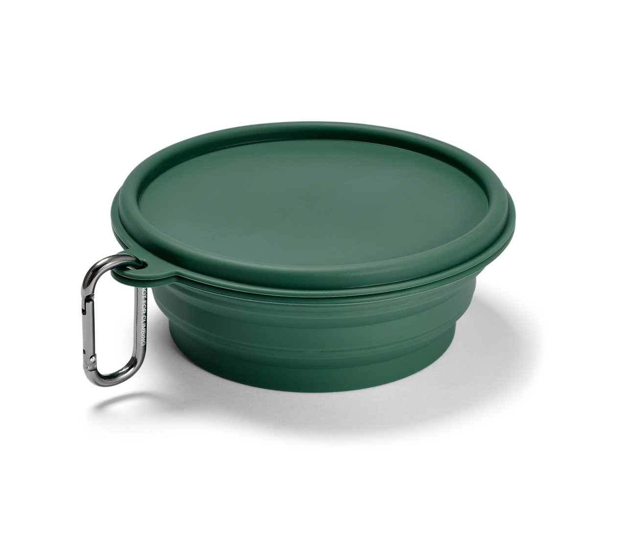 Zárt, zöld, összecsukható etetőtál karabinerrel.