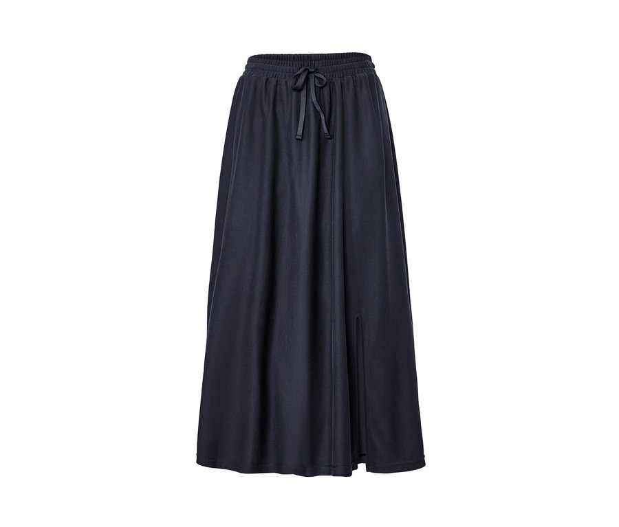 Egy sötétkék piké dzsörzé szoknya elasztikus derékpánttal és húzózsinórral.