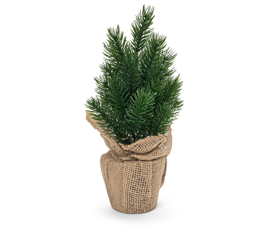 Kis műfenyő juta csomagolásban.