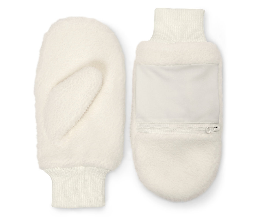 Két fehér kesztyű egymás mellett fekszik. Az egyiken cipzáras zseb van.