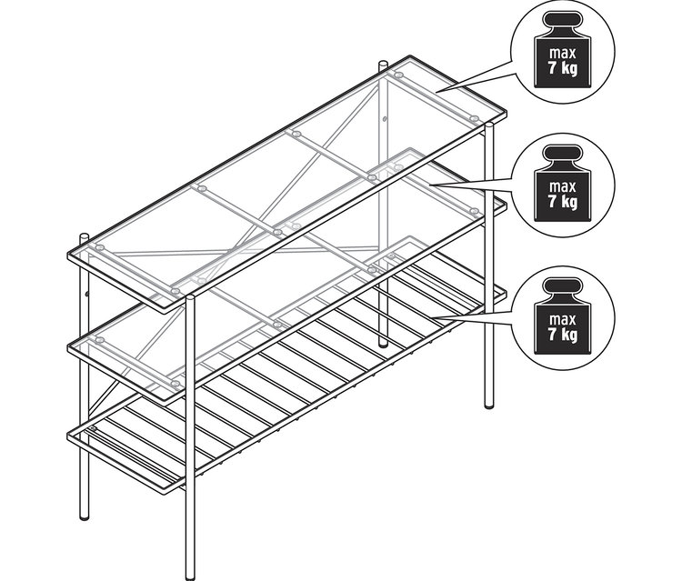 Vázlat egy kb. 120 cm széles konzolasztalról három polccal.