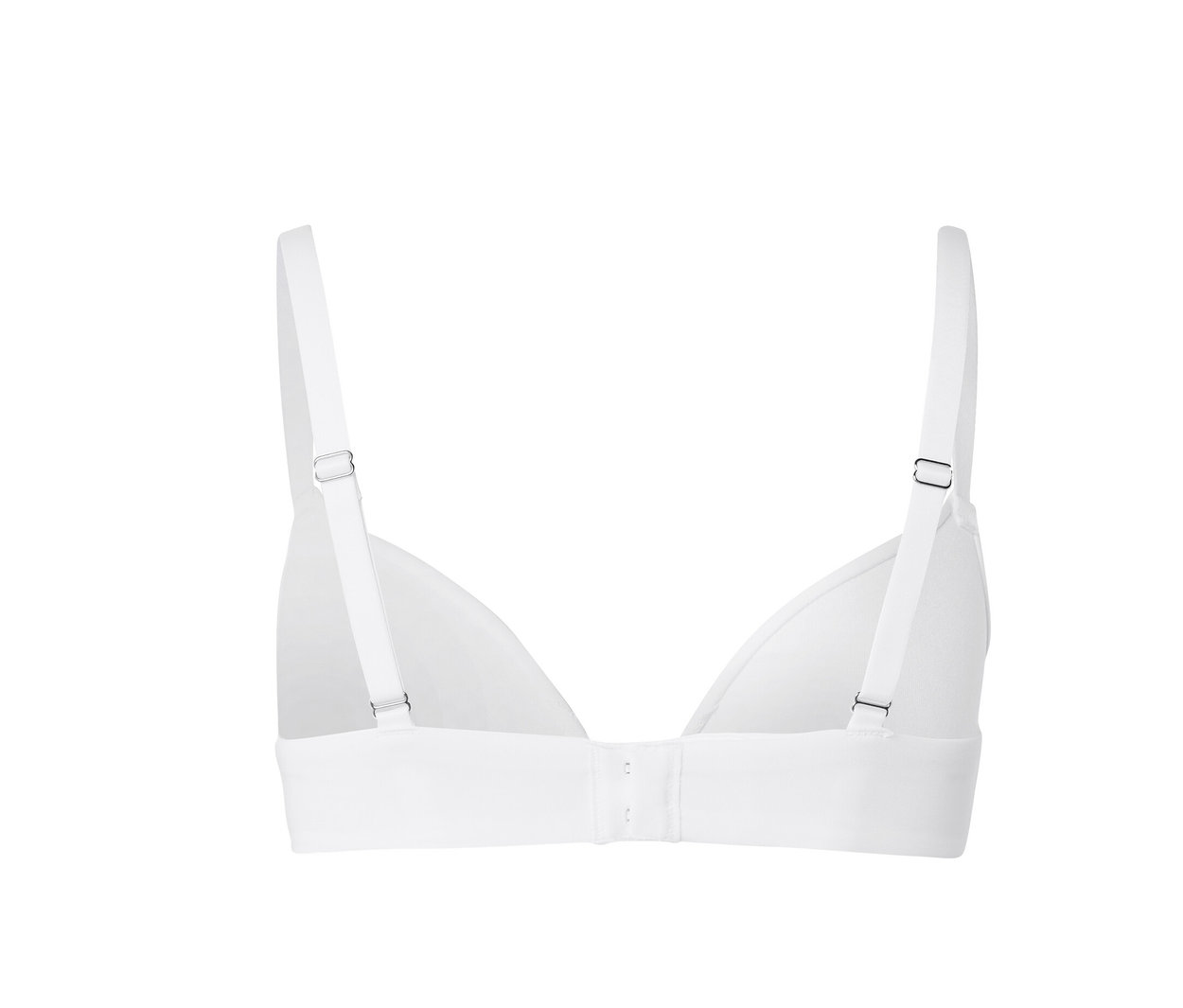 Egy fehér, puha kosaras melltartó hátulról, kapcsos zárással és állítható pántokkal.