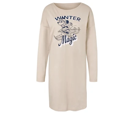 Bézs, hosszú ujjú hálóing kék nyomtatással, amely Minnie egeret ábrázolja síléceken, valamint a Winter Magic feliratot.
