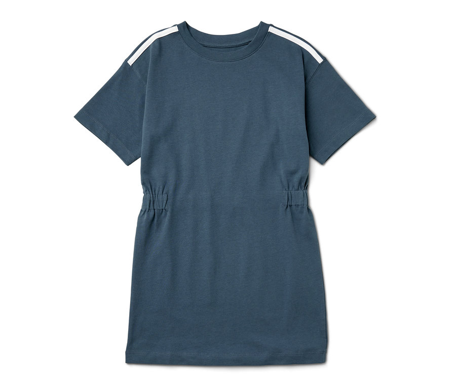 Kék, nehéz jersey gyerekruha, fehér csíkokkal a vállán.