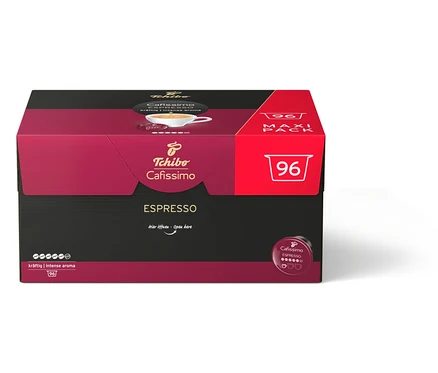 Egy csomag Tchibo Cafissimo Espresso kapszula "96 Maxi Pack" felirattal.