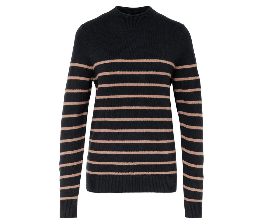 Egy sötétkék garbónyakos pulóver vízszintes világosbarna csíkokkal.