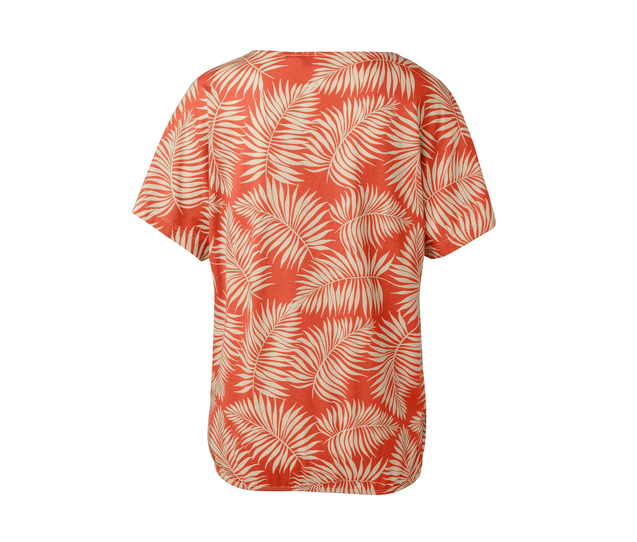 Hátsó nézet egy narancs-krémszínű, leveles mintás női pólóblúz részletéről.